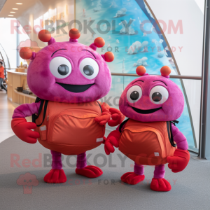 Magenta Crab Cakes mascot costume character dressed with a Culottes and Messenger bags