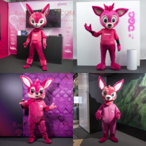 Magenta Roe Deer mascot costume character dressed with a Jumpsuit and Wraps