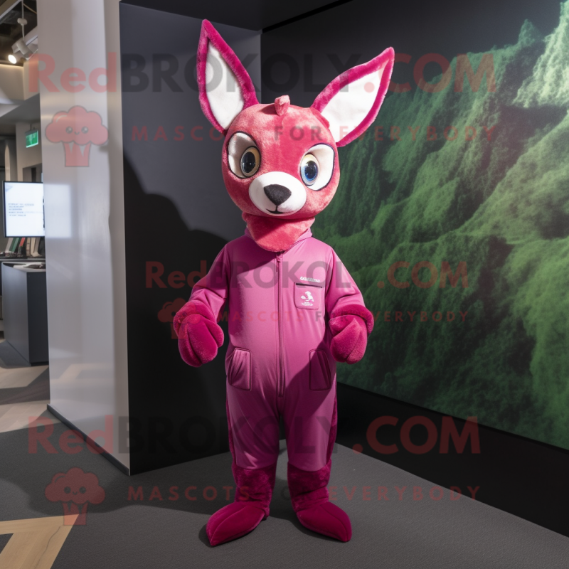 Magenta Roe Deer mascot costume character dressed with a Jumpsuit and Wraps