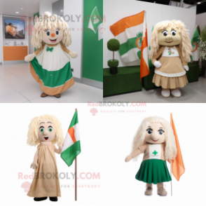 Beige Irish Flag mascot costume character dressed with a A-Line Dress and Hair clips