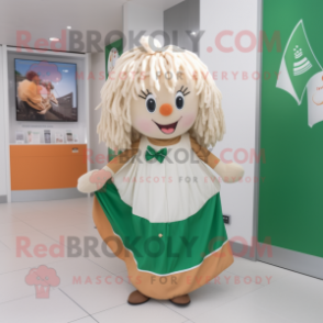Beige Irish Flag mascot costume character dressed with a A-Line Dress and Hair clips