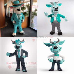 Teal Zebu mascot costume character dressed with a Dress Pants and Bow ties