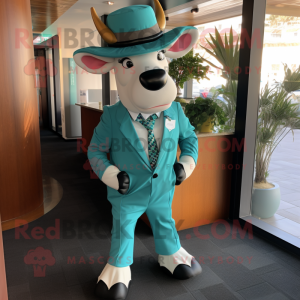 Teal Zebu mascot costume character dressed with a Dress Pants and Bow ties