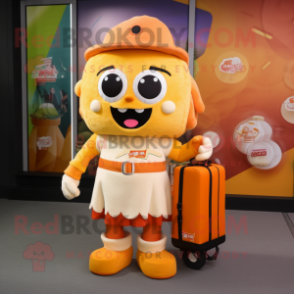 Beige Orange mascot costume character dressed with a Mini Skirt and Messenger bags