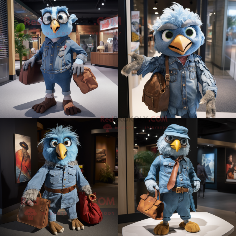 nan Hawk mascot costume character dressed with a Denim Shirt and Handbags