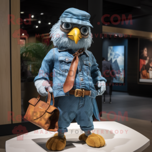 nan Hawk mascot costume character dressed with a Denim Shirt and Handbags