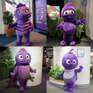 Lavender Plum mascot costume character dressed with a Turtleneck and Mittens