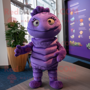 Lavender Plum mascot costume character dressed with a Turtleneck and Mittens