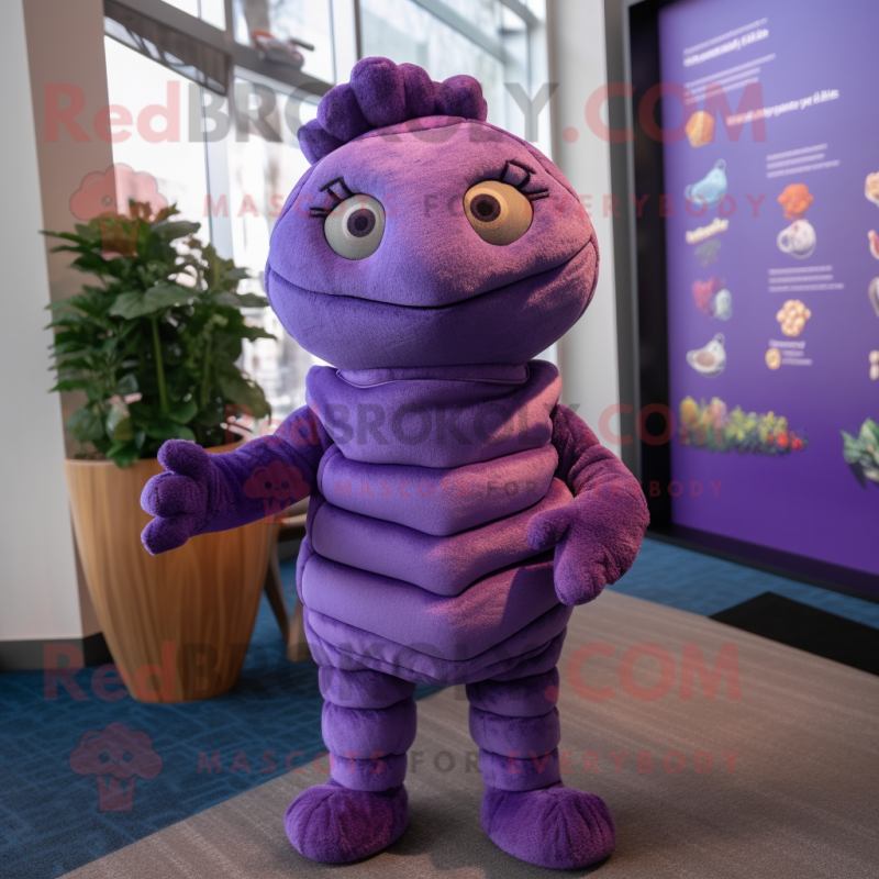 Lavender Plum mascot costume character dressed with a Turtleneck and Mittens Lavender Plum mascot costume character dressed with a Turtleneck and Mittens