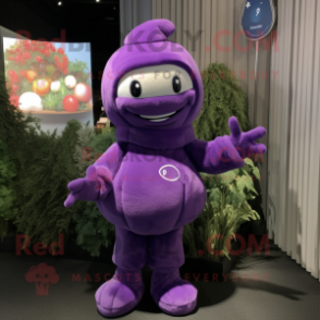 Lavender Plum mascot costume character dressed with a Turtleneck and Mittens