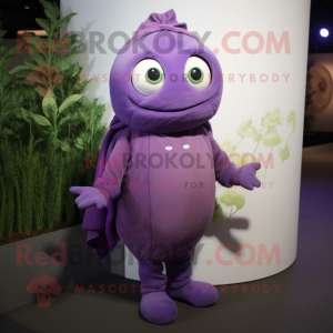 Lavender Plum mascot costume character dressed with a Turtleneck and Mittens