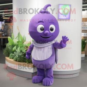 Lavender Plum mascot costume character dressed with a Turtleneck and Mittens