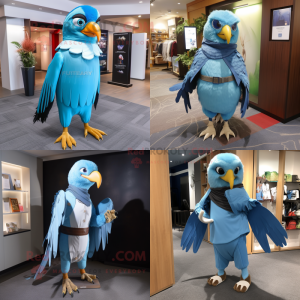 Sky Blue Hawk mascot costume character dressed with a Trousers and Shawl pins