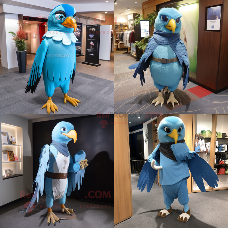 Sky Blue Hawk mascot costume character dressed with a Trousers and Shawl pins Sky Blue Hawk mascot costume character dressed with a Trousers and Shawl pins