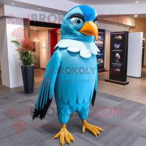 Sky Blue Hawk mascot costume character dressed with a Trousers and Shawl pins