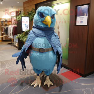 Sky Blue Hawk mascot costume character dressed with a Trousers and Shawl pins