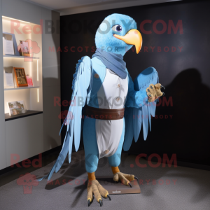 Sky Blue Hawk mascot costume character dressed with a Trousers and Shawl pins