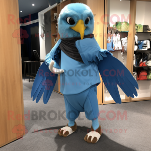 Sky Blue Hawk mascot costume character dressed with a Trousers and Shawl pins