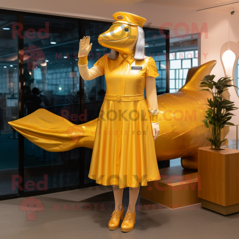 Gold Humpback Whale mascot costume character dressed with a Shift Dress and Berets Gold Humpback Whale mascot costume character dressed with a Shift Dress and Berets