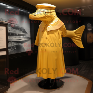 Gold Humpback Whale mascot costume character dressed with a Shift Dress and Berets