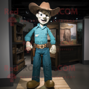 Teal Cowboy mascot costume character dressed with a Henley Shirt and Suspenders