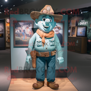 Teal Cowboy mascot costume character dressed with a Henley Shirt and Suspenders