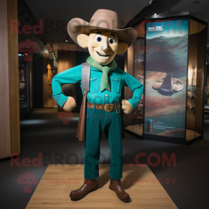 Teal Cowboy mascot costume character dressed with a Henley Shirt and Suspenders