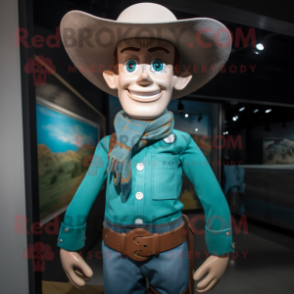 Teal Cowboy mascot costume character dressed with a Henley Shirt and Suspenders