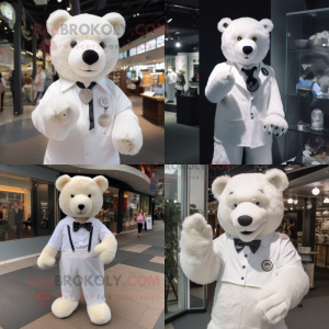 White Teddy Bear mascot costume character dressed with a Dress Shirt and Earrings