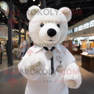 White Teddy Bear mascot costume character dressed with a Dress Shirt and Earrings