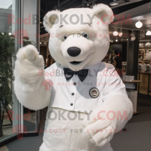 White Teddy Bear mascot costume character dressed with a Dress Shirt and Earrings