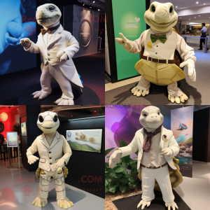 Cream Sea Turtle mascot costume character dressed with a Waistcoat and Lapel pins