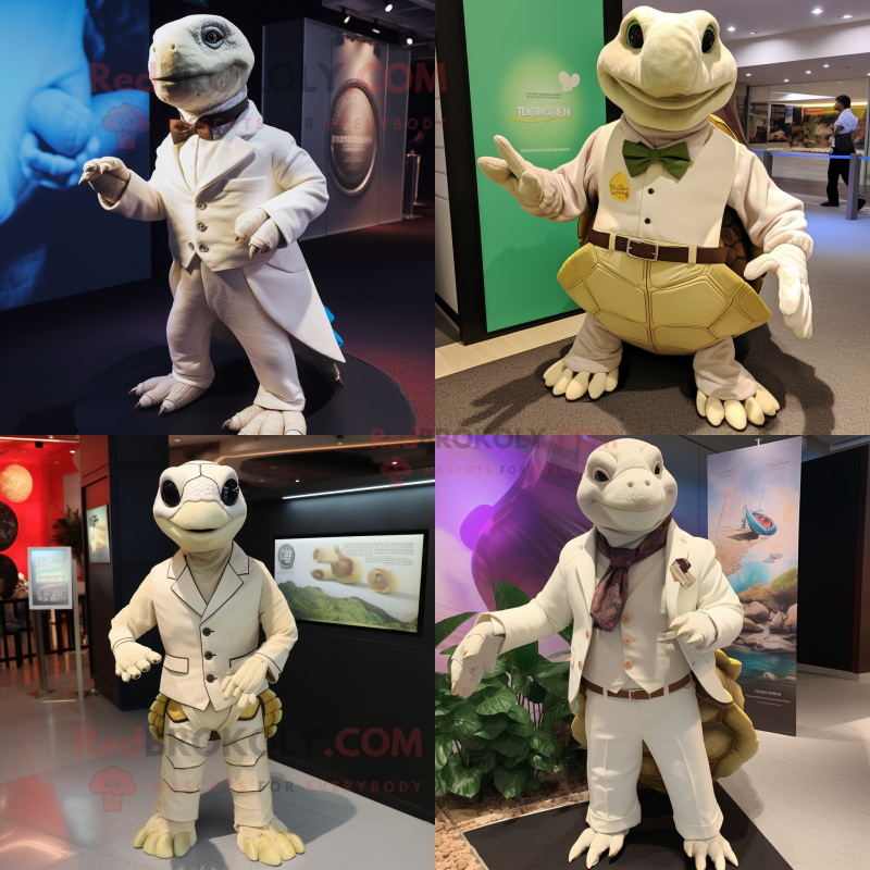 Cream Sea Turtle mascot costume character dressed with a Waistcoat and Lapel pins Cream Sea Turtle mascot costume character dressed with a Waistcoat and Lapel pins