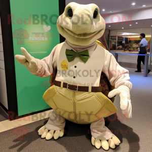 Cream Sea Turtle mascot costume character dressed with a Waistcoat and Lapel pins