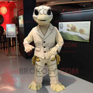 Cream Sea Turtle mascot costume character dressed with a Waistcoat and Lapel pins