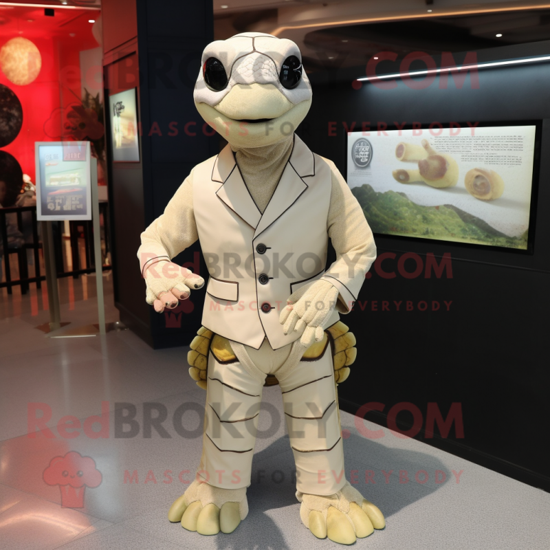 Cream Sea Turtle mascot costume character dressed with a Waistcoat and Lapel pins