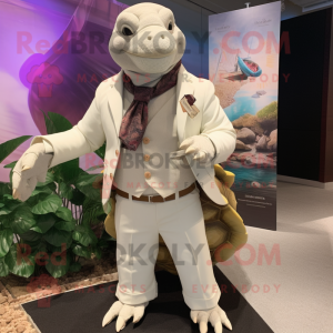 Cream Sea Turtle mascot costume character dressed with a Waistcoat and Lapel pins