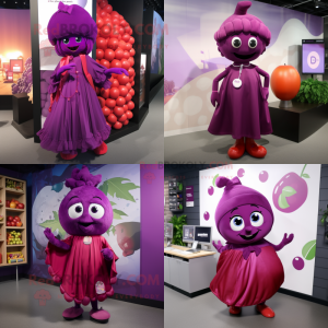 Magenta Grape mascot costume character dressed with a Wrap Skirt and Shoe laces