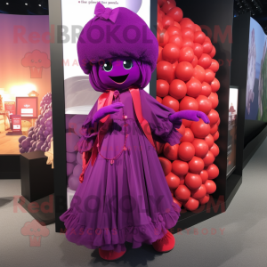 Magenta Grape mascot costume character dressed with a Wrap Skirt and Shoe laces