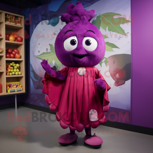 Magenta Grape mascot costume character dressed with a Wrap Skirt and Shoe laces