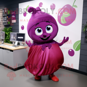 Magenta Grape mascot costume character dressed with a Wrap Skirt and Shoe laces