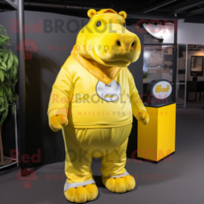 Lemon Yellow Hippopotamus mascot costume character dressed with a Tank Top and Foot pads