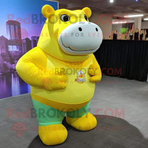 Lemon Yellow Hippopotamus mascot costume character dressed with a Tank Top and Foot pads