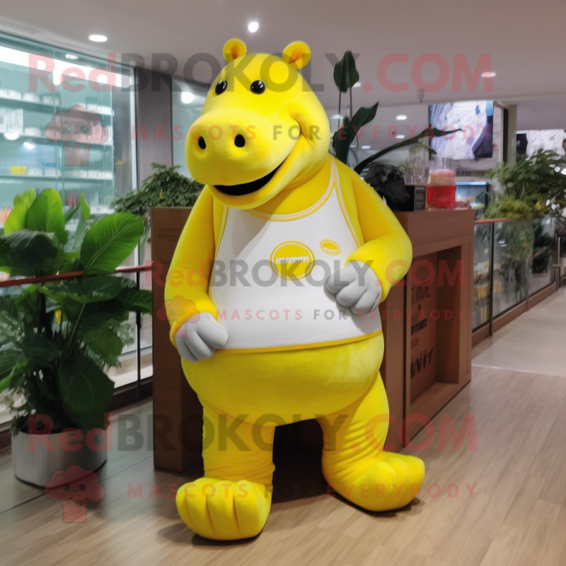 Lemon Yellow Hippopotamus mascot costume character dressed with a Tank Top and Foot pads