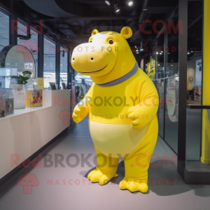 Lemon Yellow Hippopotamus mascot costume character dressed with a Tank Top and Foot pads