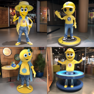 Yellow Plate Spinner mascot costume character dressed with a Jeans and Necklaces