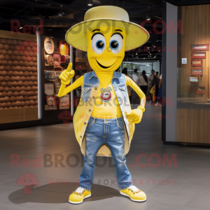 Yellow Plate Spinner mascot costume character dressed with a Jeans and Necklaces