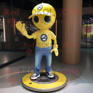 Yellow Plate Spinner mascot costume character dressed with a Jeans and Necklaces
