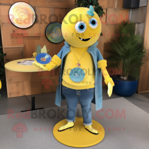 Yellow Plate Spinner mascot costume character dressed with a Jeans and Necklaces