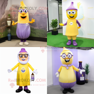 Lavender Bottle Of Mustard mascot costume character dressed with a Dress Pants and Eyeglasses